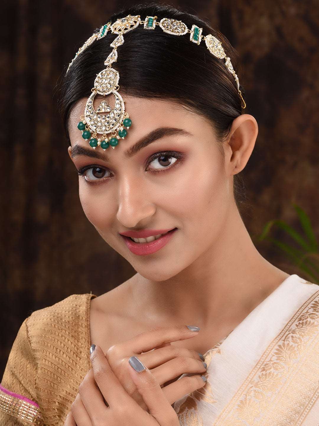 Gold Plated Kundan studded & Beaded Matha Patti, zaveri pearls, sale price rs, sale price, sale gold plated, sale gold, sale, rubans, ring, regular price, priyassi jewellery, kushal's - Saraf